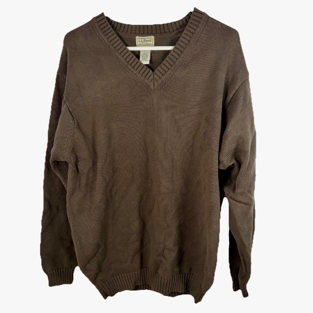 Vintage 90s LL Bean V-Neck Sweater Men L Tall Brown 100%‎ Cotton Knit Pullover